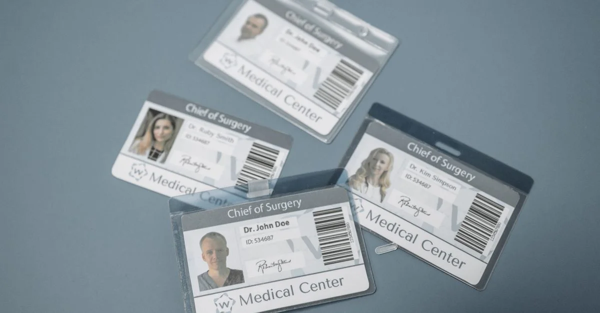 Vue en plongée des badges d'identité médicaux pour chefs de chirurgie sur une surface grise.