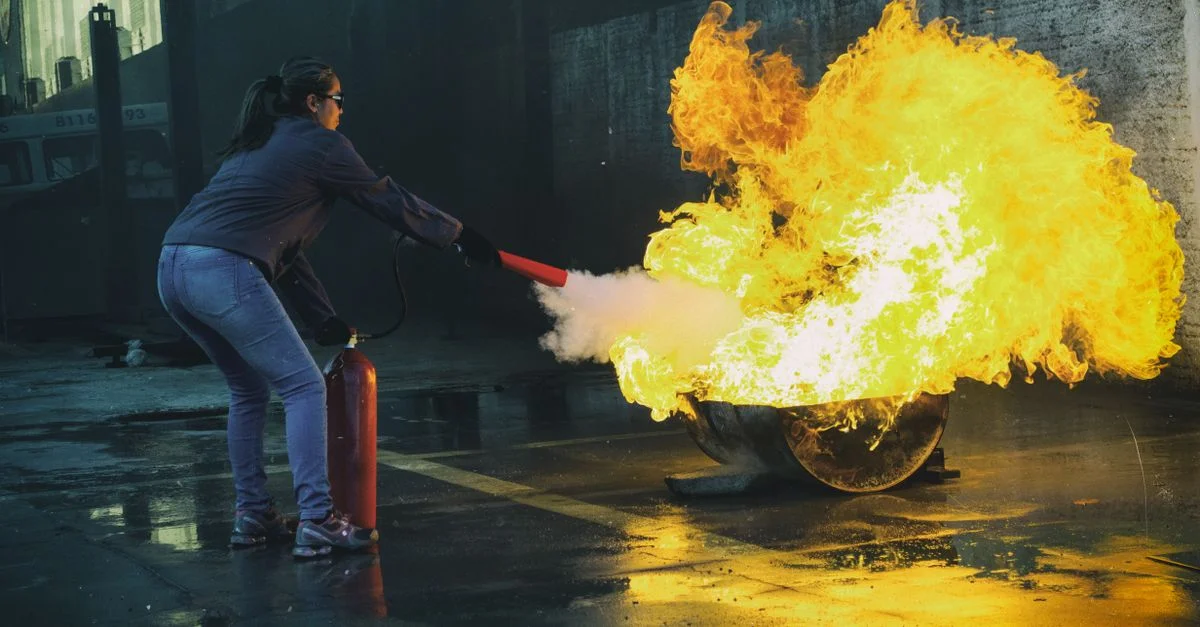 Une femme utilise un extincteur pour éteindre une grande flamme en extérieur, mettant en avant la sécurité incendie.