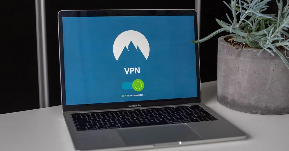Ordinateur portable avec écran VPN et une plante succulente sur un bureau, mettant en avant la confidentialité et la sécurité en ligne.