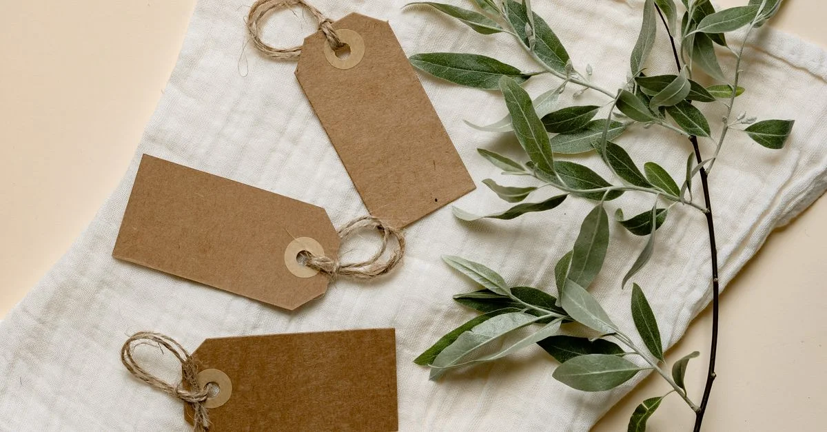 Trois étiquettes en papier brun avec de la ficelle sur un tissu blanc à côté de feuilles vertes. Design écologique.