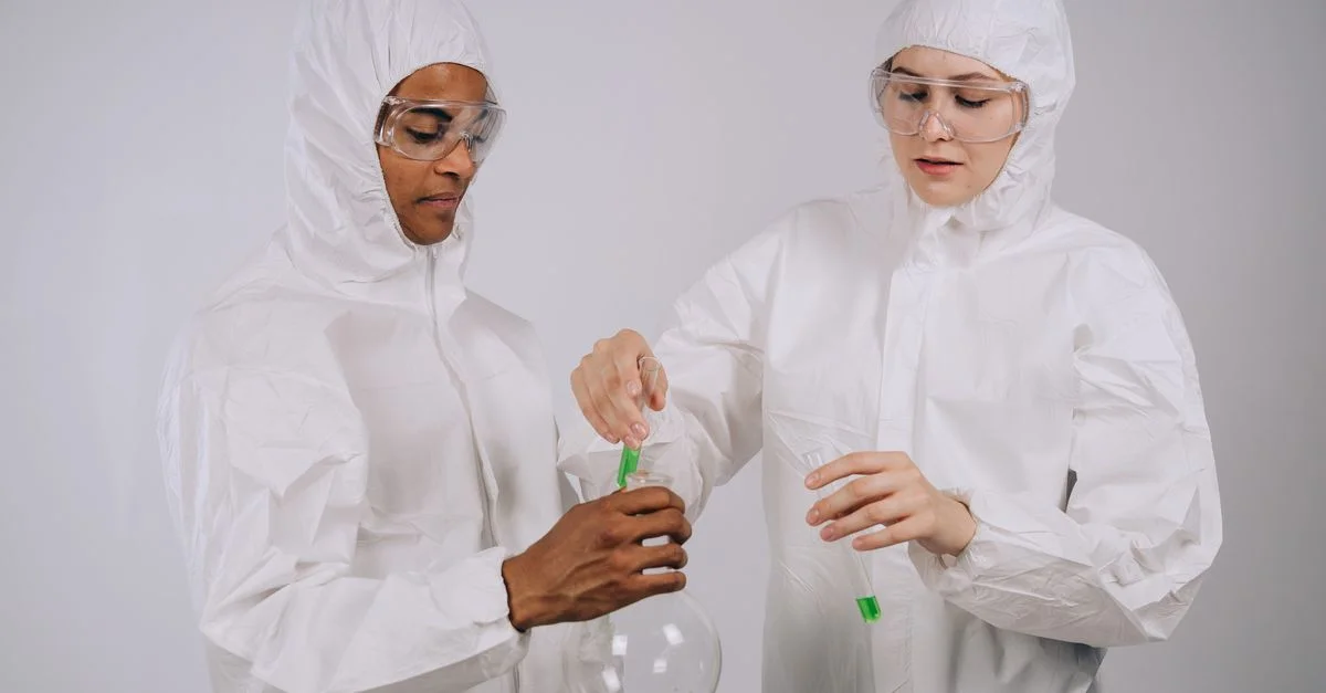 Deux scientifiques en combinaisons de protection réalisant une expérience avec des appareils de laboratoire.