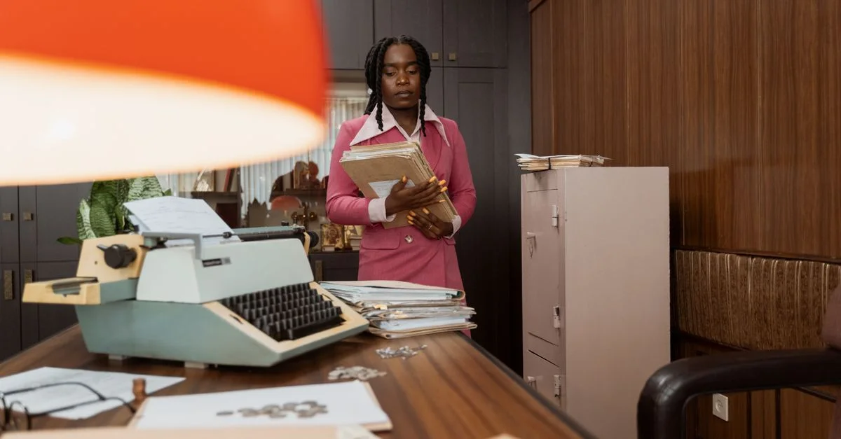 Une femme en tenue rose tient des dossiers dans un bureau vintage.