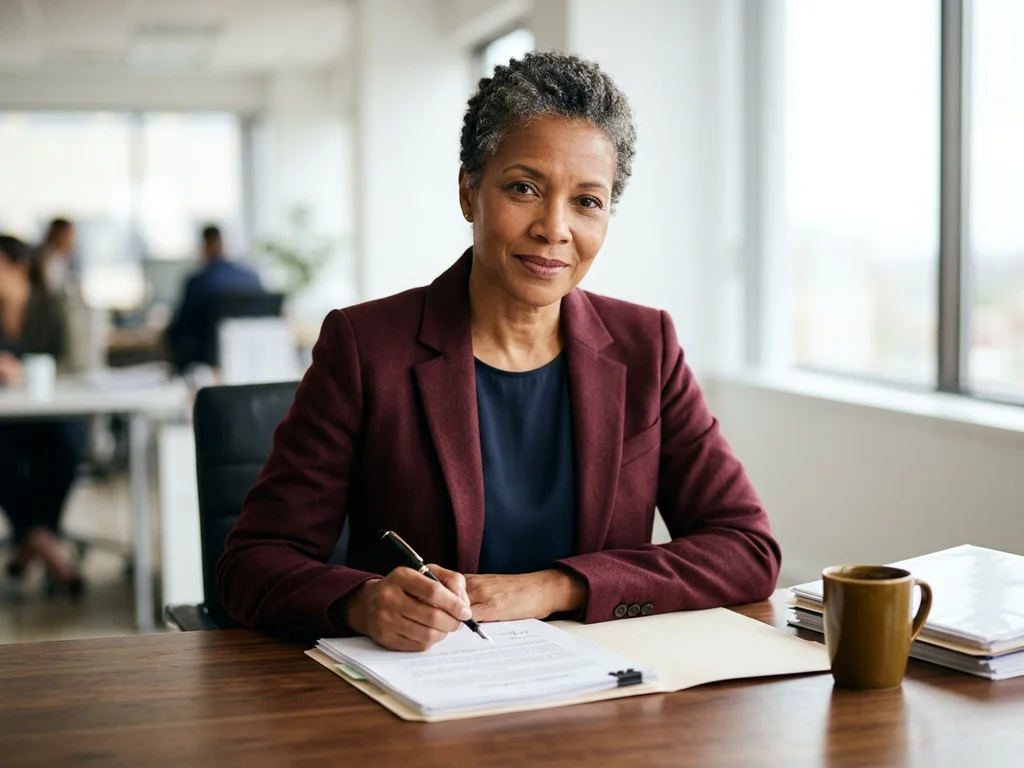 Portrait de Sophie Jaffré, journaliste spécialisée en droit des affaires, à son bureau professionnel.
